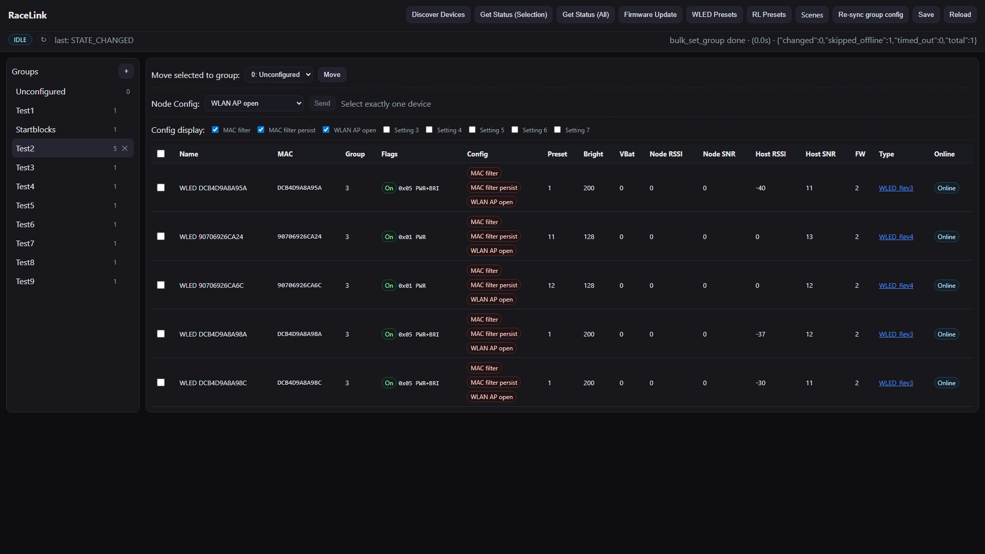 The Devices page — header, toolbar, group sidebar, device table