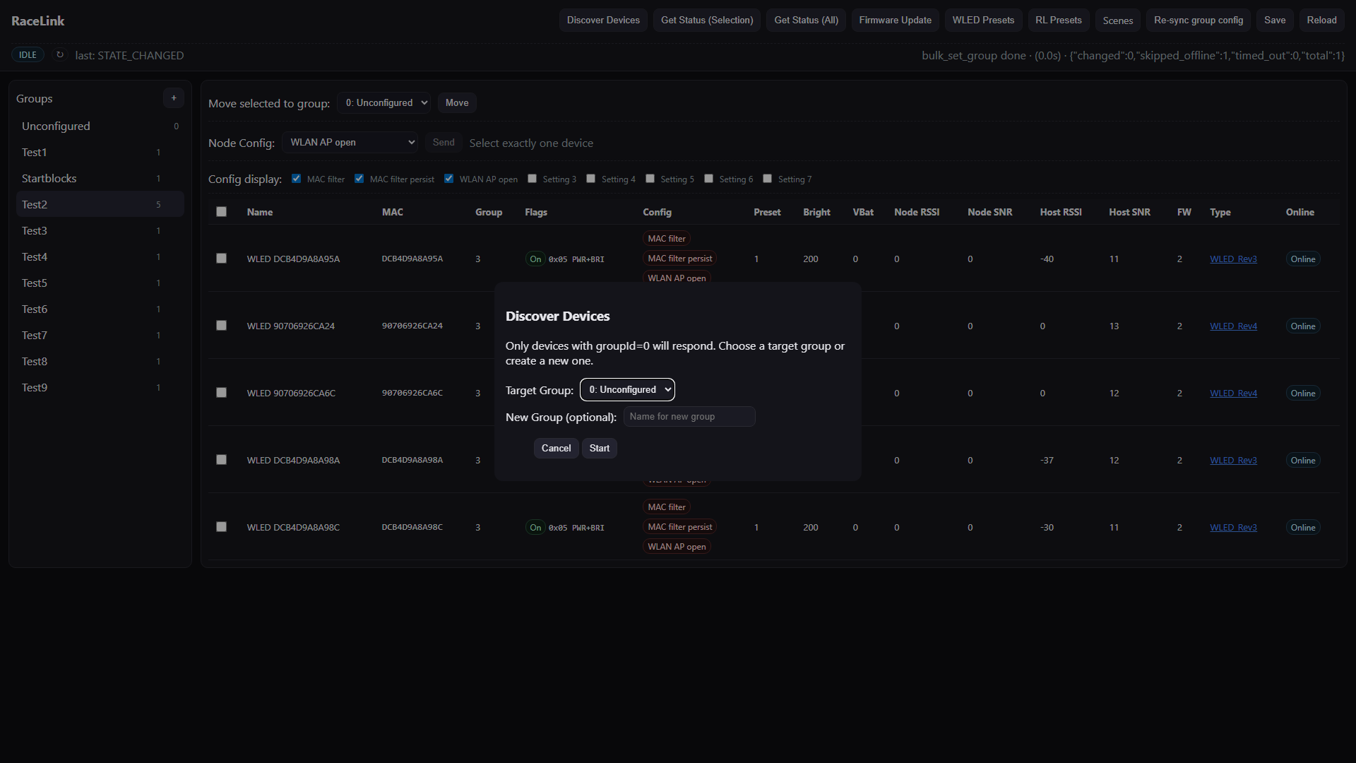 The Discover Devices dialog — target-group selector and the result list