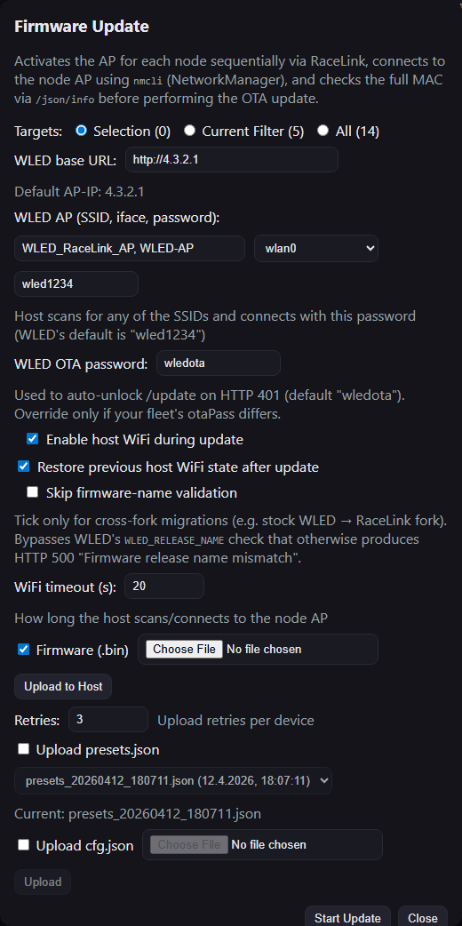 The Firmware Update dialog — target picker, OTA credentials, firmware-binary upload, per-device progress rows