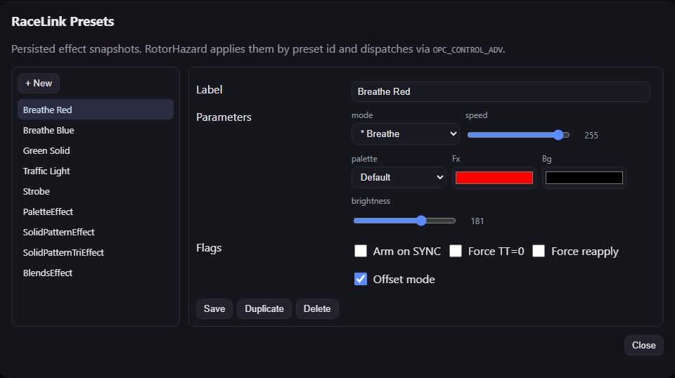 The RL Presets dialog — preset library on the left, parameters editor on the right