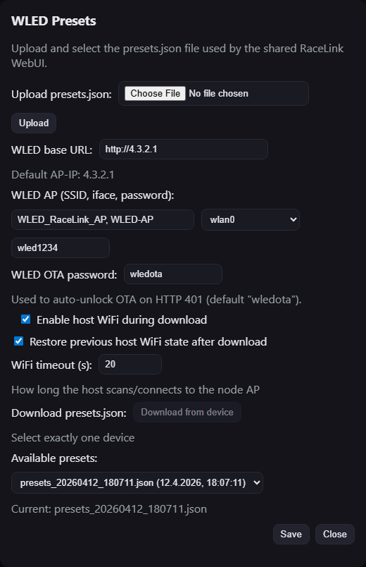 The WLED Presets dialog — upload presets.json, OTA settings, AP credentials